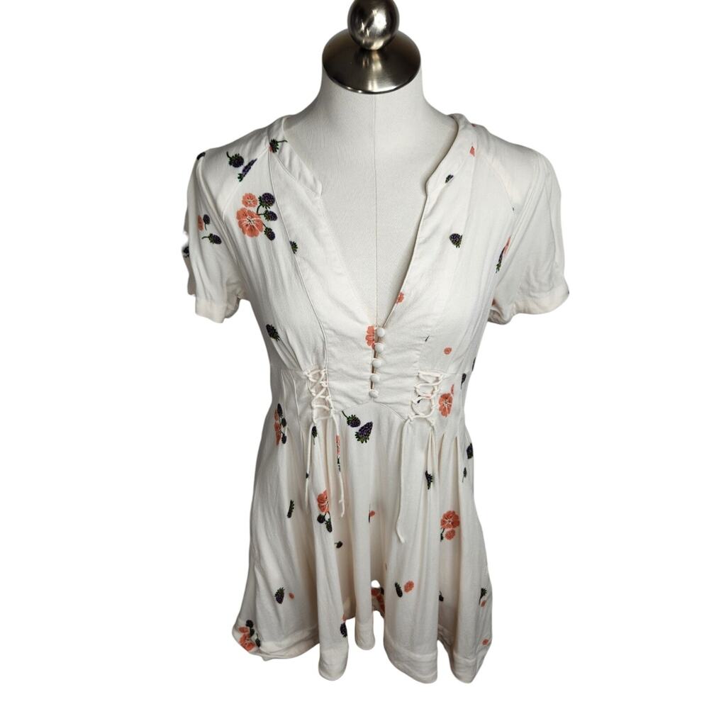 Free People Dream Girl Mini Dress Womens Size‎ 6 Ivory Blackberry Print Flaw